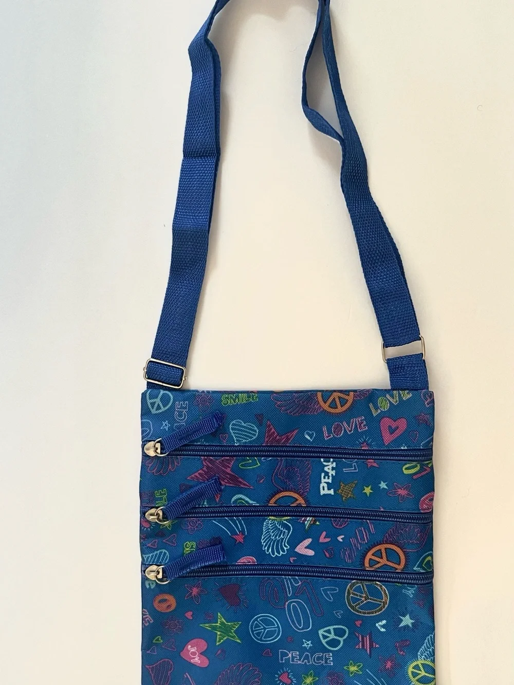 Royal Blue Peace & Love Crossbody Bag with Adjustable Strap